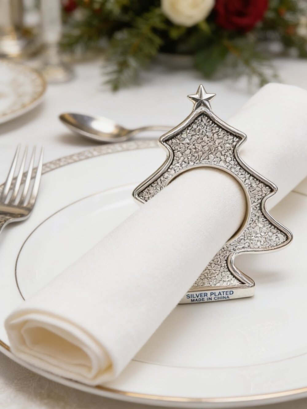 4pc Napkin Rings Silver-Plated Christmas Tree by Wallace Silversmiths